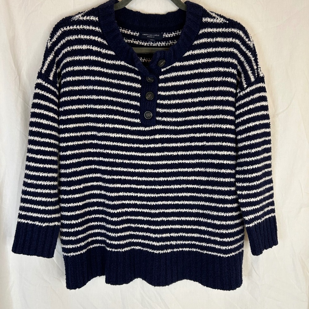 American Eagle Outfitters Striped Button Sweater Fisherman Womens M Crew Neck